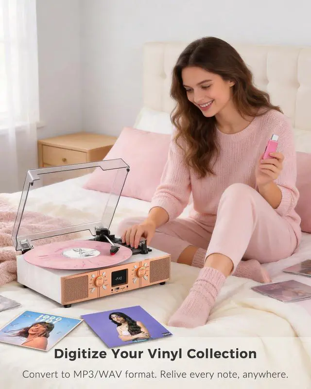 Alt view image 6 of 7 - Vinyl Record Player with Built-in Speakers, 3-Speed Belt-Drive Turntable, Bluetooth Vinyl LP Player with FM Radio, USB/TF Recording & Playback, RCA Out, AUX, Headphone Jack, White Rose Gold