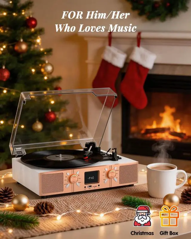 Alt view image 7 of 7 - Vinyl Record Player with Built-in Speakers, 3-Speed Belt-Drive Turntable, Bluetooth Vinyl LP Player with FM Radio, USB/TF Recording & Playback, RCA Out, AUX, Headphone Jack, White Rose Gold