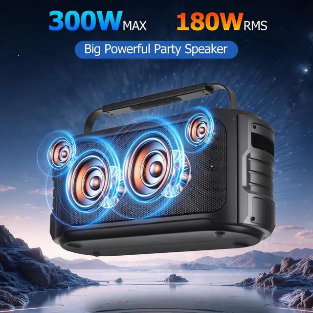 Alt view image 2 of 7 - Portable Bluetooth Speaker 300W Peak Big Powerful Loud Sound Deep Bass Large Wireless Boombox with Subwoofer DSP Led Light for Home Party Outdoor Gatherings Camping Backyard