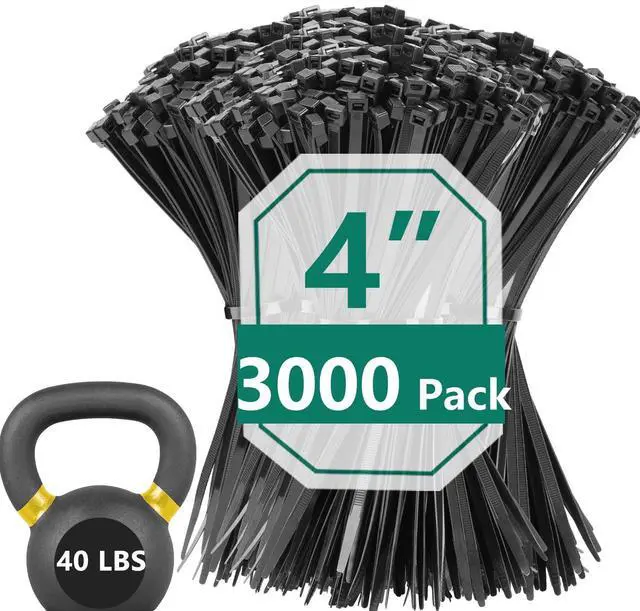 Main image of 3000 Pack 4 Inch Black Zip Ties, 40 LBS Heavy Duty Cable Ties, UV Resistant Nylon Wire Ties, Self-Locking Plastic Straps for Indoor & Outdoor Use