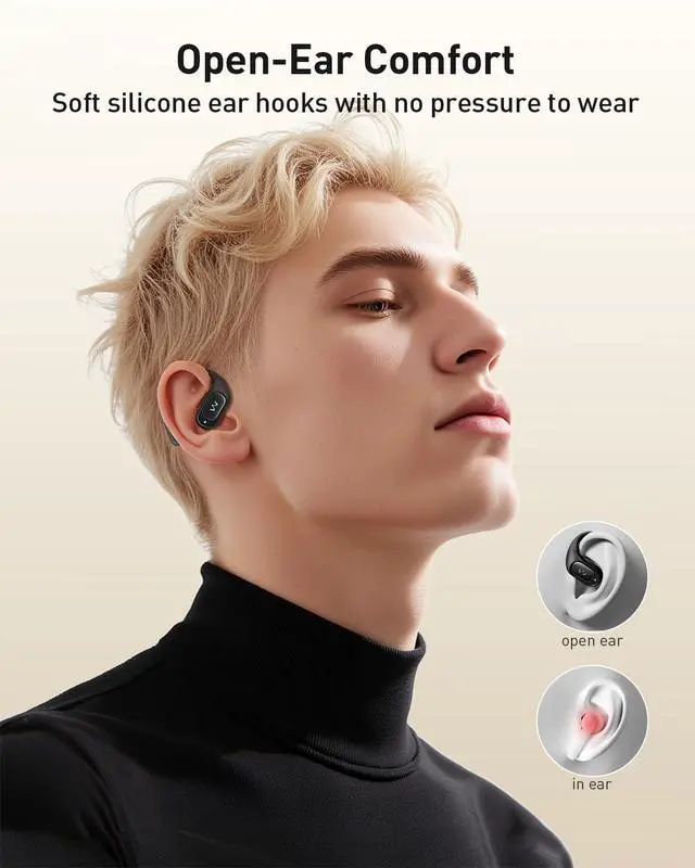 Alt view image 3 of 6 - Open-Ear Headphones, True Wireless Headphones Bluetooth 5.4 Light Earbuds, Ultra Comfort Earhooks, 35H Playtimes, Clear Calls, Air Conduction Stereo Sound with 15mm Drivers for Workouts (Black)