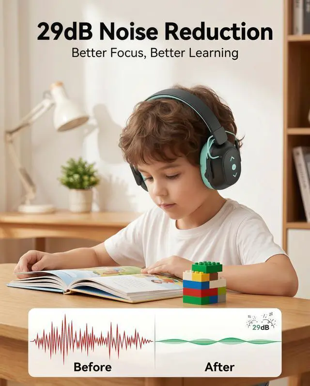 Alt view image 3 of 7 - Kids Bluetooth 6.0 Safety Earmuff for Kids, 29dB SNR Noise Cancelling Headphones with 94dB Lock Noise Reduction, 80H Playtime, Hearing Protection for Autism, Travel, Monster Jam, Black