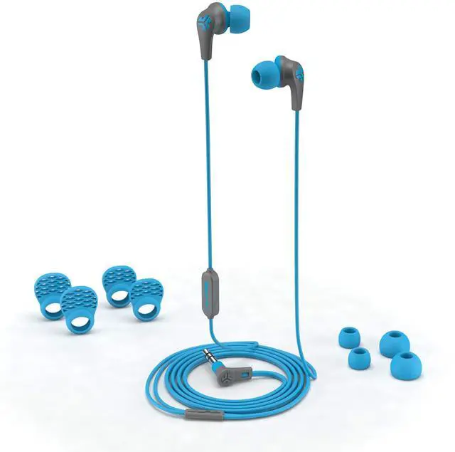 Alt view image 2 of 7 - JBuds Pro Signature Earbuds, Titanium 10mm Drivers, Music Controls, Universal Mic, Custom Fit with Cush Fins, Blue Sky