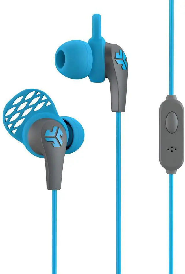 Alt view image 4 of 7 - JBuds Pro Signature Earbuds, Titanium 10mm Drivers, Music Controls, Universal Mic, Custom Fit with Cush Fins, Blue Sky