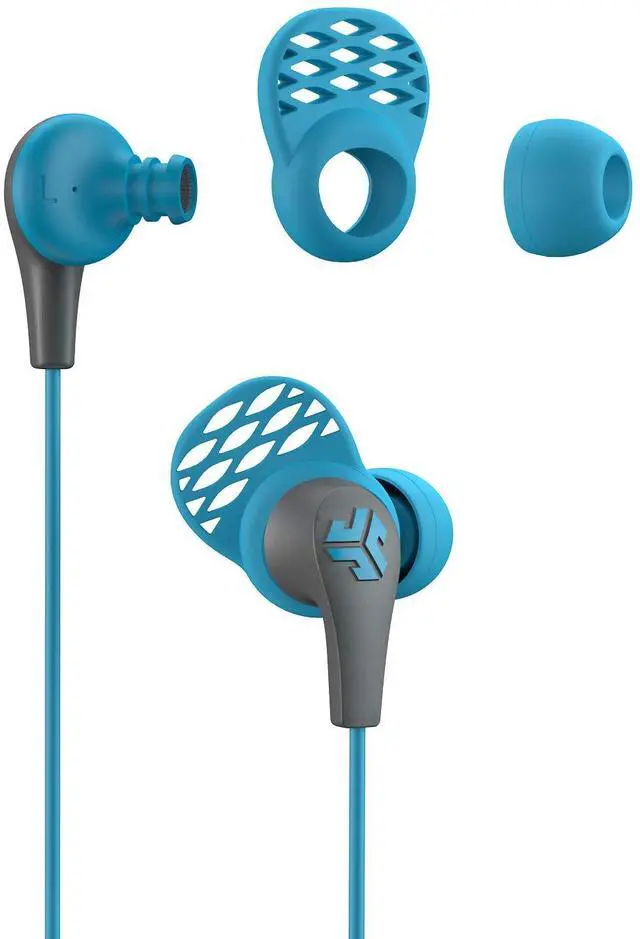 Alt view image 5 of 7 - JBuds Pro Signature Earbuds, Titanium 10mm Drivers, Music Controls, Universal Mic, Custom Fit with Cush Fins, Blue Sky