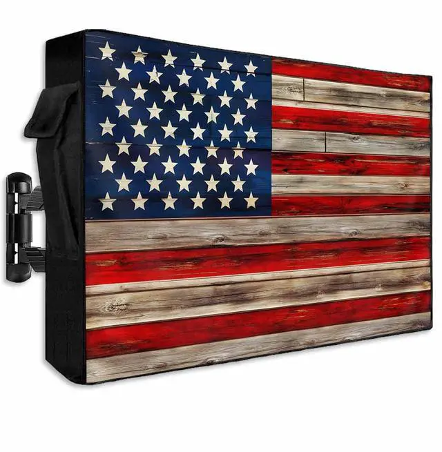 Main image of Rustic American Flag Outdoor TV Cover Waterproof & Weatherproof TV Covers with Roll Up Front Flat for 40-43 Inch, Red Blue Outside Zipper TV Screen Protector Enclosure with Remote Control Pocket