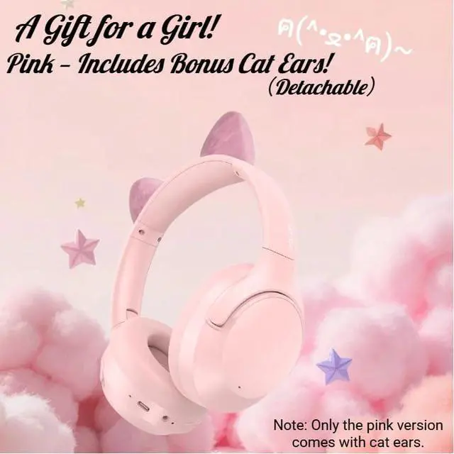 Alt view image 2 of 7 - Active Noise Cancelling Headphones, 65H Bluetooth Headphones Custom EQ via App Headphones Wireless with Mic, Bluetooth 6.0 Detachable Cat Ears Foldable Headsets for Commuting Travel Work Home (Pink)
