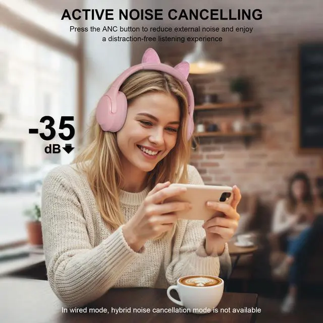 Alt view image 3 of 7 - Active Noise Cancelling Headphones, 65H Bluetooth Headphones Custom EQ via App Headphones Wireless with Mic, Bluetooth 6.0 Detachable Cat Ears Foldable Headsets for Commuting Travel Work Home (Pink)