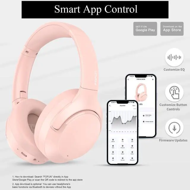 Alt view image 6 of 7 - Active Noise Cancelling Headphones, 65H Bluetooth Headphones Custom EQ via App Headphones Wireless with Mic, Bluetooth 6.0 Detachable Cat Ears Foldable Headsets for Commuting Travel Work Home (Pink)