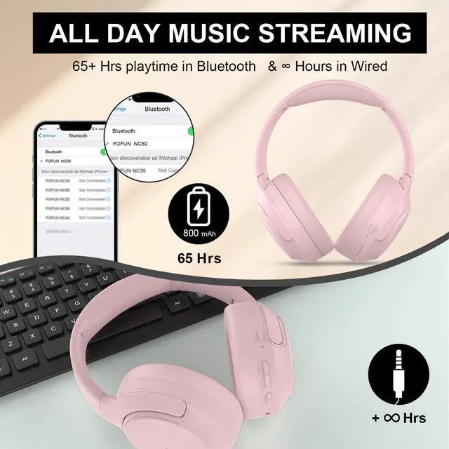 Alt view image 7 of 7 - Active Noise Cancelling Headphones, 65H Bluetooth Headphones Custom EQ via App Headphones Wireless with Mic, Bluetooth 6.0 Detachable Cat Ears Foldable Headsets for Commuting Travel Work Home (Pink)