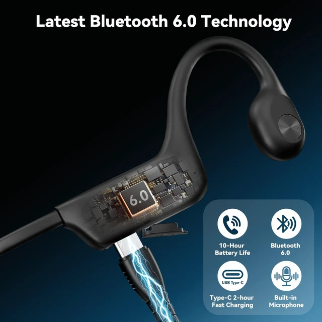 Alt view image 4 of 7 - Bone Conduction Headphones with Mic, Open Ear Earbuds Type-C Quick Charge, Long Battery Life, IPX5 Sweatproof, Lightweight Comfortable for Gym, Sports, and Driving-Black