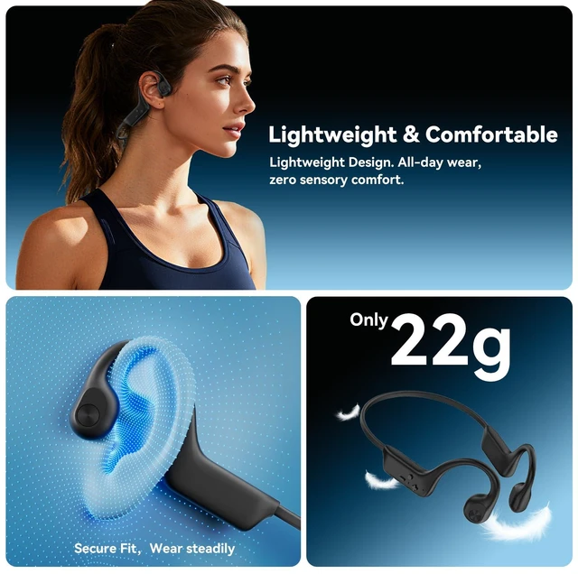 Alt view image 6 of 7 - Bone Conduction Headphones with Mic, Open Ear Earbuds Type-C Quick Charge, Long Battery Life, IPX5 Sweatproof, Lightweight Comfortable for Gym, Sports, and Driving-Black