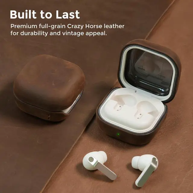 Alt view image 3 of 7 - Leather Case for Samsung Galaxy Buds 4 Pro/Galaxy Buds 4 Case 2026 | Handcrafted Genuine Leather Cover, Crazy Horse Leather, Vintage Patina, Wireless Charging, Full Protection, with Lanyard