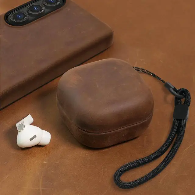 Alt view image 7 of 7 - Leather Case for Samsung Galaxy Buds 4 Pro/Galaxy Buds 4 Case 2026 | Handcrafted Genuine Leather Cover, Crazy Horse Leather, Vintage Patina, Wireless Charging, Full Protection, with Lanyard