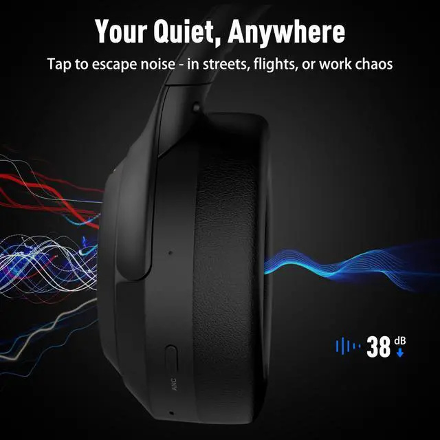 Alt view image 2 of 7 - Hybrid Active Noise Cancelling Headphones, Wireless Bluetooth Headset Over Ear, 60H Playtime, High-Fidelity, Foldable, Comfort&Immersion for Work/Commuting (Black)
