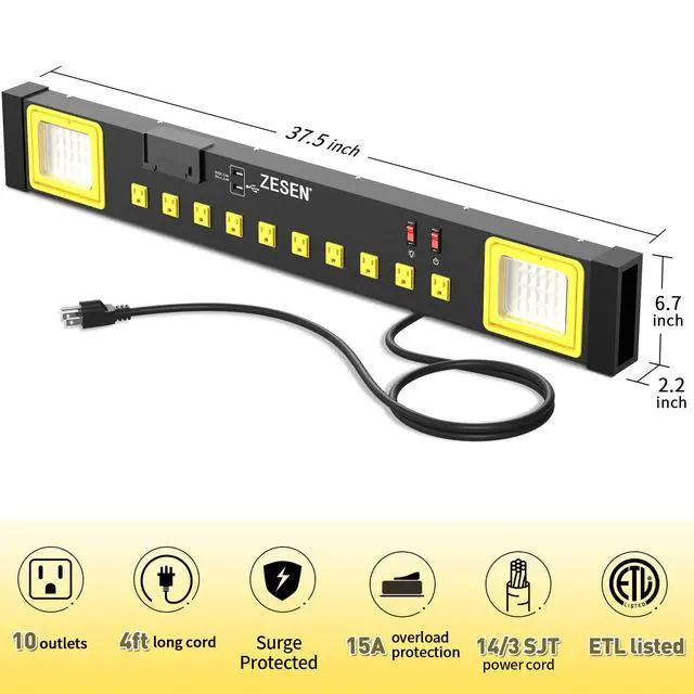 Alt view image 2 of 7 - Heavy Duty Metal 10 Outlets Long Power Strip with LED Worklight, Black | Wall Mount Workbench Multi-Outlets Power Strip with 4ft 14/3 AWG Cord, 2 USB Ports ETL Listed for Home Office Garage Workshop