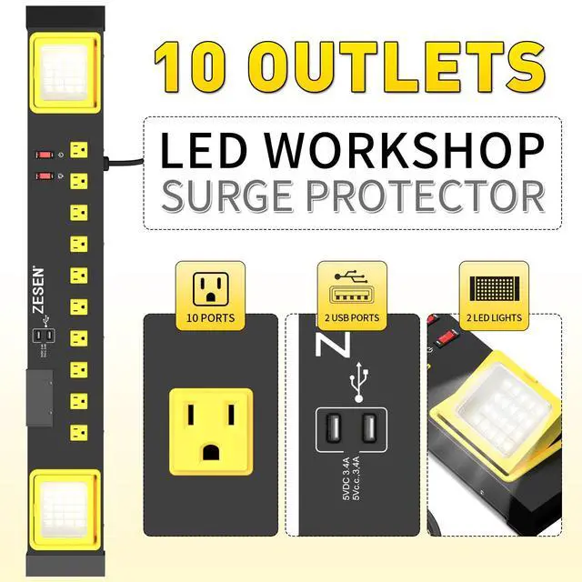 Alt view image 3 of 7 - Heavy Duty Metal 10 Outlets Long Power Strip with LED Worklight, Black | Wall Mount Workbench Multi-Outlets Power Strip with 4ft 14/3 AWG Cord, 2 USB Ports ETL Listed for Home Office Garage Workshop