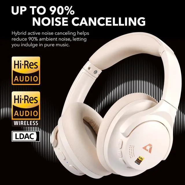 Alt view image 4 of 7 - Y8+ Hybrid Active Noise Cancelling Headphones, 100H Playtime, Bluetooth 6.0 Over Ear LDAC Wireless Hi-Res Audio & Deep Bass, Comfortable for Travel Airplane Home Office, Custom EQ via App, Beige