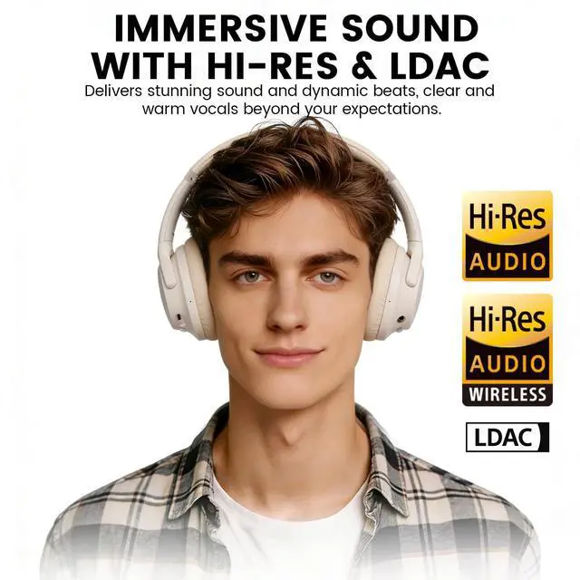 Alt view image 6 of 7 - Y8+ Hybrid Active Noise Cancelling Headphones, 100H Playtime, Bluetooth 6.0 Over Ear LDAC Wireless Hi-Res Audio & Deep Bass, Comfortable for Travel Airplane Home Office, Custom EQ via App, Beige