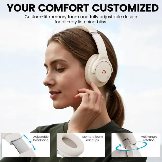 Alt view image 7 of 7 - Y8+ Hybrid Active Noise Cancelling Headphones, 100H Playtime, Bluetooth 6.0 Over Ear LDAC Wireless Hi-Res Audio & Deep Bass, Comfortable for Travel Airplane Home Office, Custom EQ via App, Beige