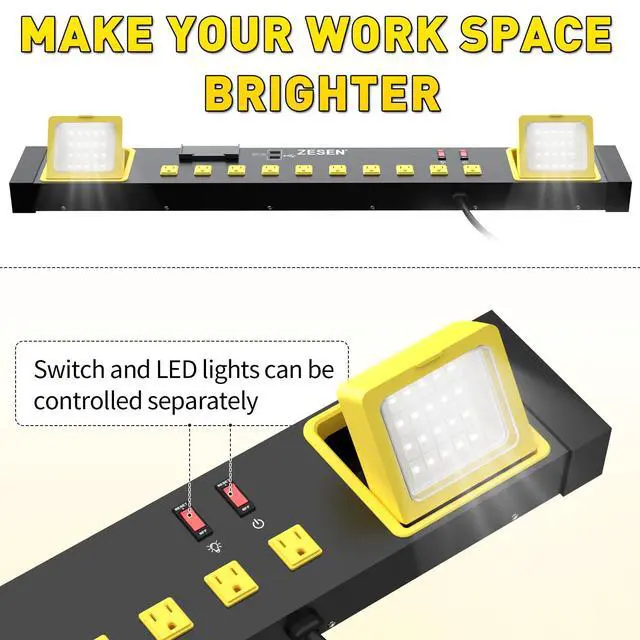 Alt view image 4 of 7 - Heavy Duty Metal 10 Outlets Long Power Strip with LED Worklight, Black | Wall Mount Workbench Multi-Outlets Power Strip with 4ft 14/3 AWG Cord, 2 USB Ports ETL Listed for Home Office Garage Workshop