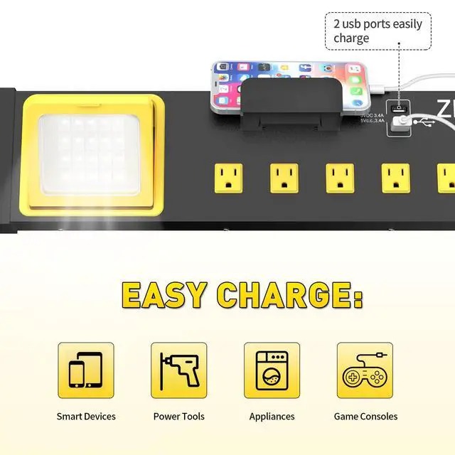 Alt view image 5 of 7 - Heavy Duty Metal 10 Outlets Long Power Strip with LED Worklight, Black | Wall Mount Workbench Multi-Outlets Power Strip with 4ft 14/3 AWG Cord, 2 USB Ports ETL Listed for Home Office Garage Workshop