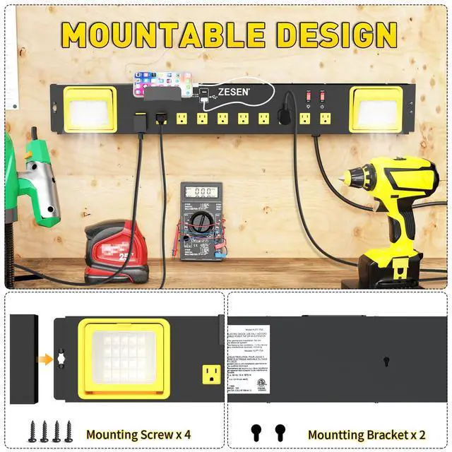 Alt view image 6 of 7 - Heavy Duty Metal 10 Outlets Long Power Strip with LED Worklight, Black | Wall Mount Workbench Multi-Outlets Power Strip with 4ft 14/3 AWG Cord, 2 USB Ports ETL Listed for Home Office Garage Workshop