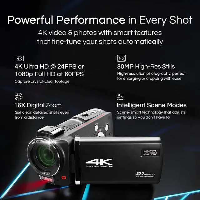 Alt view image 2 of 6 - MN4K30NV 4K Camcorder, Night Vision, 30MP, 16X Zoom (Black) | Capture sharp photos and video with intuitive controls for travel, family and everyday moments