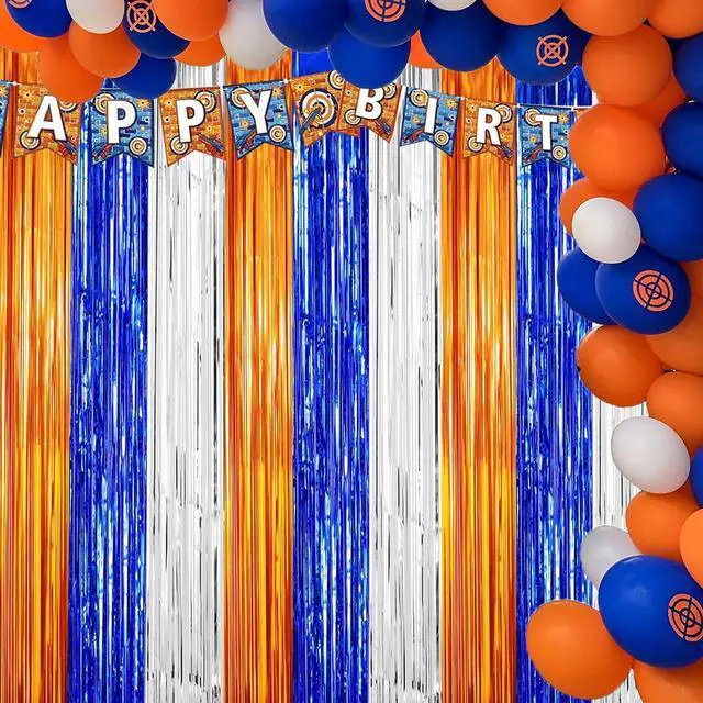 Main image of Dart War Party Photo Booth Props Backdrop Orange Blue Sliver Foil Fringe Curtains for Dart War Outer Space Birthday Party Decorations 3 Pack.9.9x19.8ft