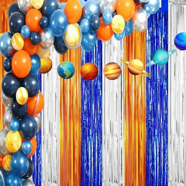 Alt view image 2 of 6 - Dart War Party Photo Booth Props Backdrop Orange Blue Sliver Foil Fringe Curtains for Dart War Outer Space Birthday Party Decorations 3 Pack.9.9x19.8ft
