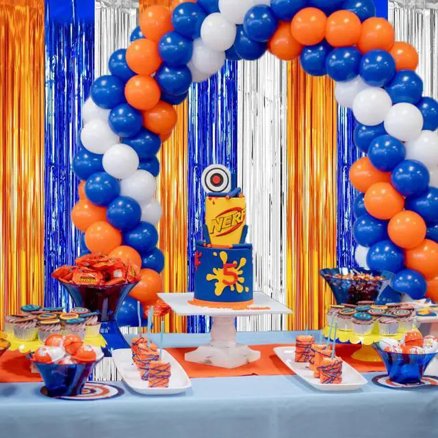 Alt view image 3 of 6 - Dart War Party Photo Booth Props Backdrop Orange Blue Sliver Foil Fringe Curtains for Dart War Outer Space Birthday Party Decorations 3 Pack.9.9x19.8ft