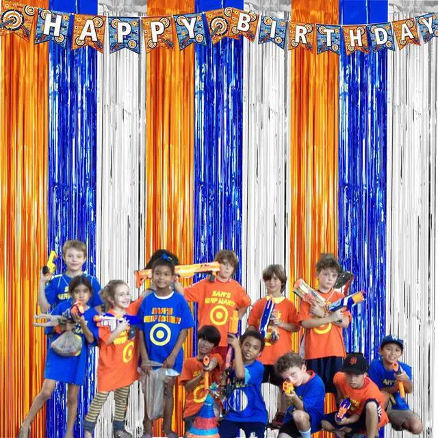 Alt view image 4 of 6 - Dart War Party Photo Booth Props Backdrop Orange Blue Sliver Foil Fringe Curtains for Dart War Outer Space Birthday Party Decorations 3 Pack.9.9x19.8ft