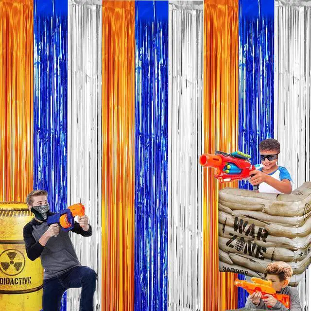 Alt view image 5 of 6 - Dart War Party Photo Booth Props Backdrop Orange Blue Sliver Foil Fringe Curtains for Dart War Outer Space Birthday Party Decorations 3 Pack.9.9x19.8ft