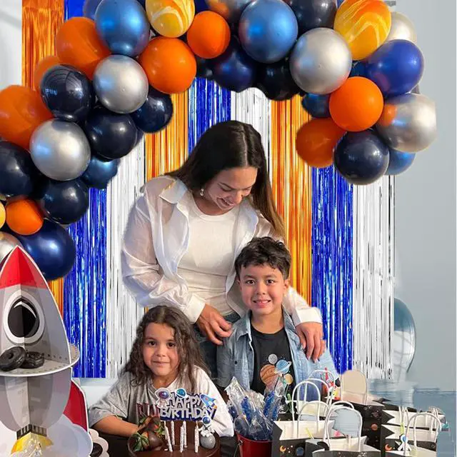 Alt view image 6 of 6 - Dart War Party Photo Booth Props Backdrop Orange Blue Sliver Foil Fringe Curtains for Dart War Outer Space Birthday Party Decorations 3 Pack.9.9x19.8ft