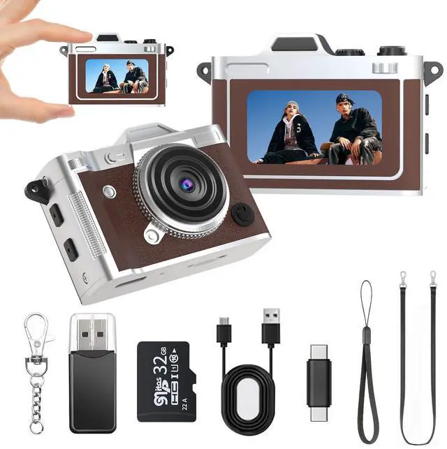 Main image of Mini Keychain Camera - 2K FHD Tiny Retro Digital Camera with 32GB Card, 1.47" Screen & OTG Adapter, Vintage Compact Micro Pocket Birthday Gift for Kids,Travel,Beginners,Party (Brown)
