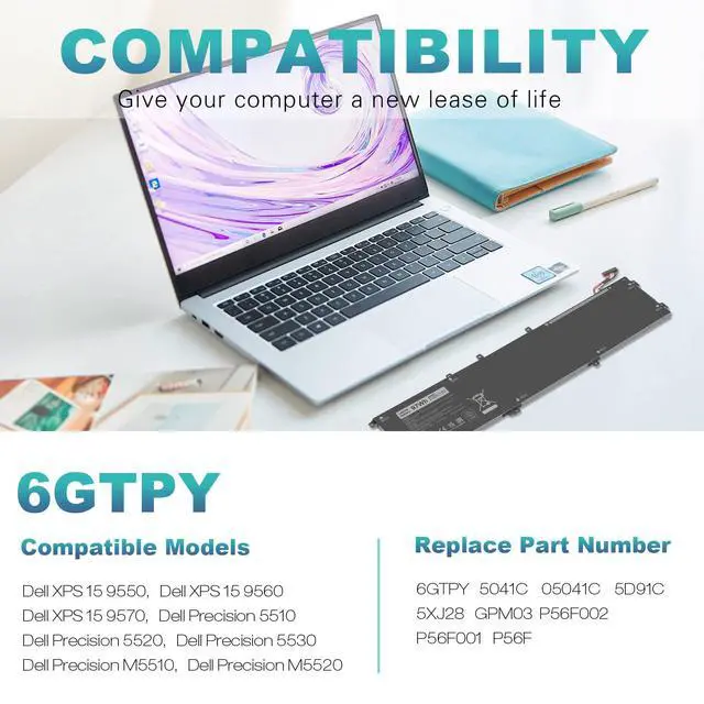 Alt view image 3 of 7 - 6GTPY 97WH Battery for Dell XPS 15 9550 9560 9570 7590 Precision 5510 5520 5530 5540 Vostro 7500 7590,Replacement 4GVGH GPM03 M2X4 5XJ28 05XJ28 5D91C 1P6KD P56F P56F001 P56F002 11.4V