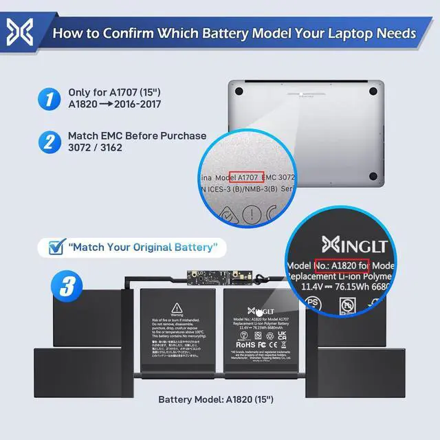 Alt view image 2 of 7 - A1707 Replacement Battery for MacBook Pro,A1820 Laptop Battery | for MacBook Pro 15 inch A1707 (2016, 2017) 6680mAh 76.15Wh EMC 3072 3162