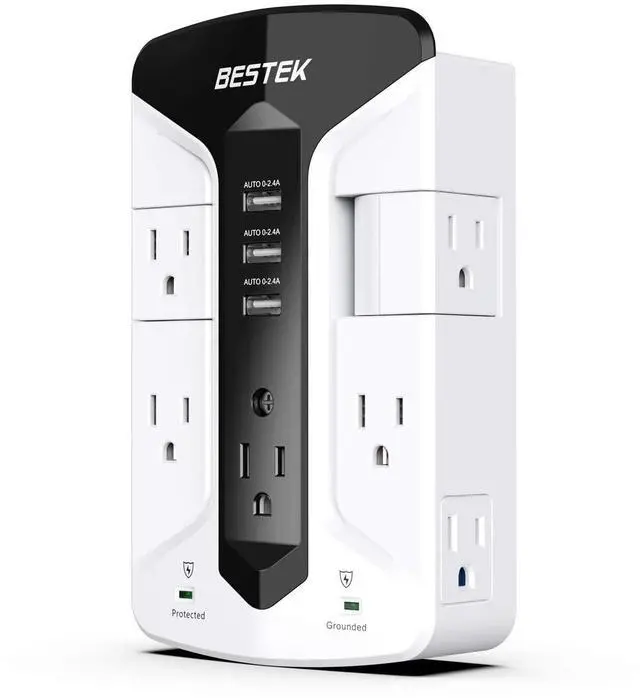 Main image of 7-Outlet Wall Tap Surge Protector Power Strip with Swivel Outlets, 3 USB Charging Ports, 900 Joule Surge Suppression, Top Phone Holder