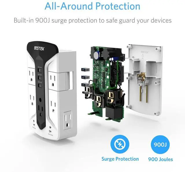 Alt view image 3 of 7 - 7-Outlet Wall Tap Surge Protector Power Strip with Swivel Outlets, 3 USB Charging Ports, 900 Joule Surge Suppression, Top Phone Holder