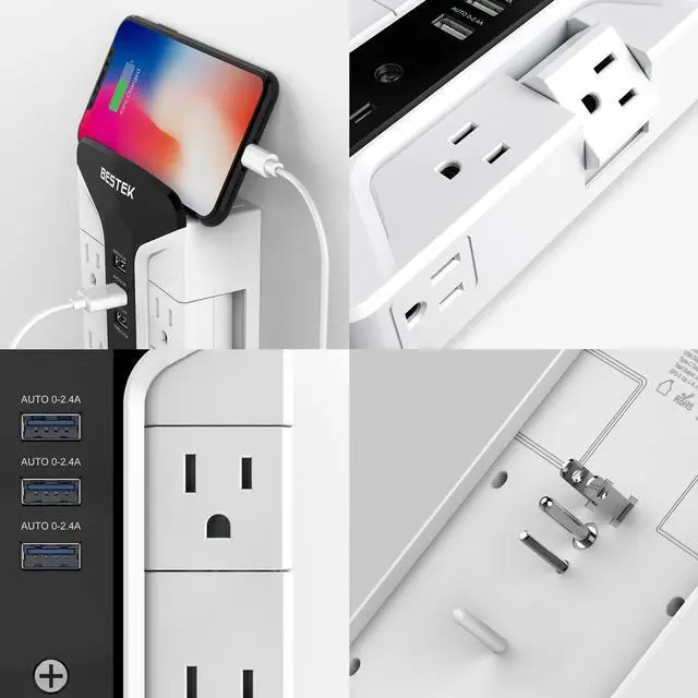 Alt view image 4 of 7 - 7-Outlet Wall Tap Surge Protector Power Strip with Swivel Outlets, 3 USB Charging Ports, 900 Joule Surge Suppression, Top Phone Holder