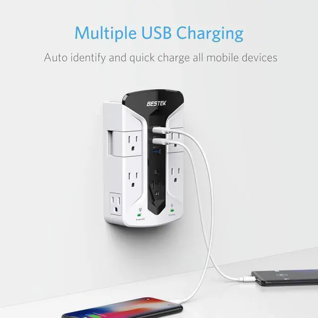 Alt view image 5 of 7 - 7-Outlet Wall Tap Surge Protector Power Strip with Swivel Outlets, 3 USB Charging Ports, 900 Joule Surge Suppression, Top Phone Holder