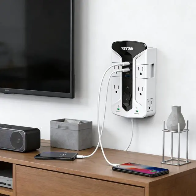 Alt view image 6 of 7 - 7-Outlet Wall Tap Surge Protector Power Strip with Swivel Outlets, 3 USB Charging Ports, 900 Joule Surge Suppression, Top Phone Holder