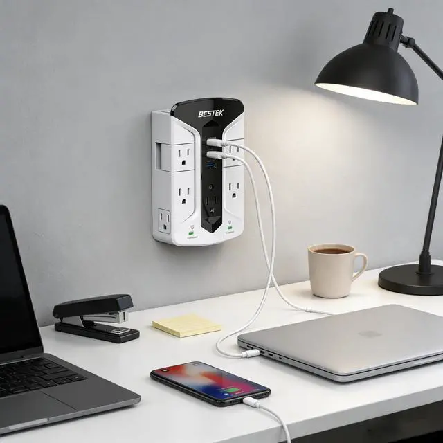 Alt view image 7 of 7 - 7-Outlet Wall Tap Surge Protector Power Strip with Swivel Outlets, 3 USB Charging Ports, 900 Joule Surge Suppression, Top Phone Holder