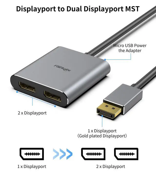 Alt view image 3 of 7 - DisplayPort to Dual DisplayPort Splitter Adapter 4K60Hz | for Dual Monitor Display, MST Display Port Adapter Extend Display 1 in 2 Out, displayport Hub for Desktop PC Laptop