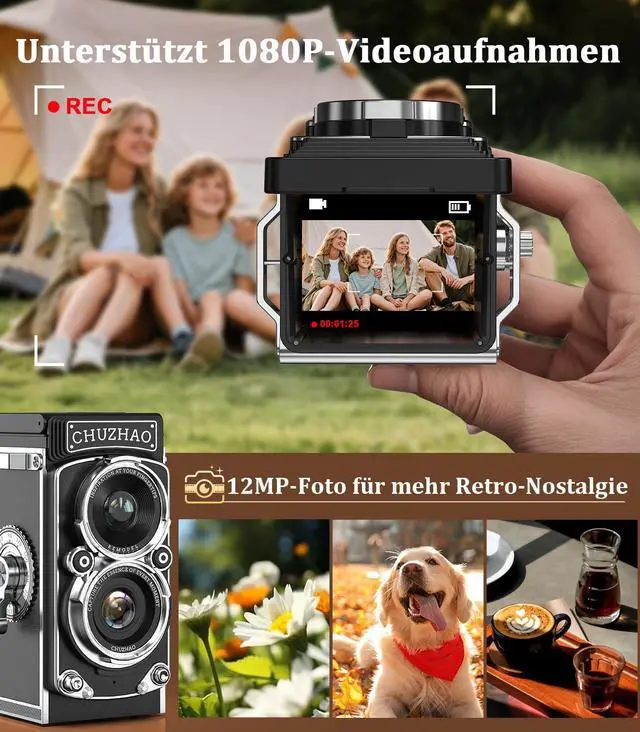 Alt view image 3 of 7 - CHUZHAO Digital Camera Retro, Portable TLR Style Twin-Lens Vintage Camera, 12MP Autofocus 1080P FHD Point and Shoot Pocket Vlogging Retro Digital Cameras with16 GB Card for Beginners Teens Boys Girls