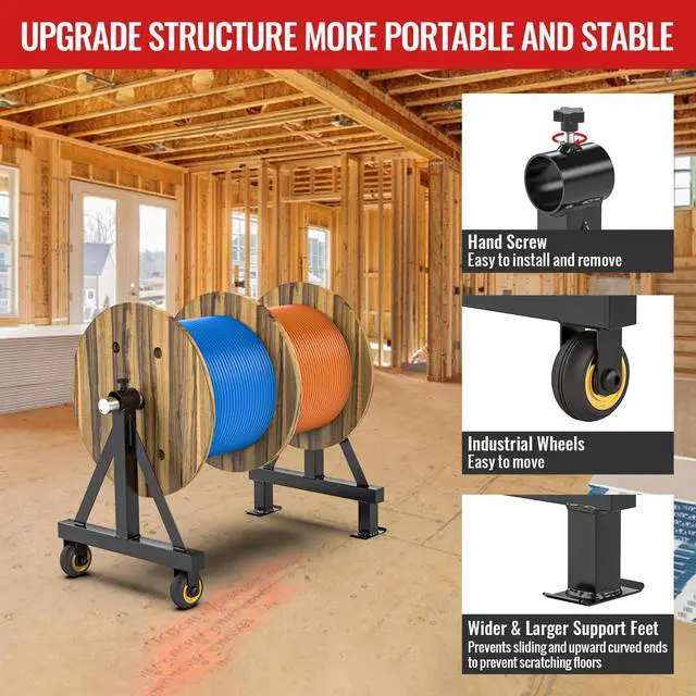 Alt view image 4 of 7 - Wire Spool Rack Portable Cable Caddy Steel Wire Spool Holder | Wire Dispenser Rack with Wheels for up to 28" Diameter Spools 220 Lbs Capacity (Black)
