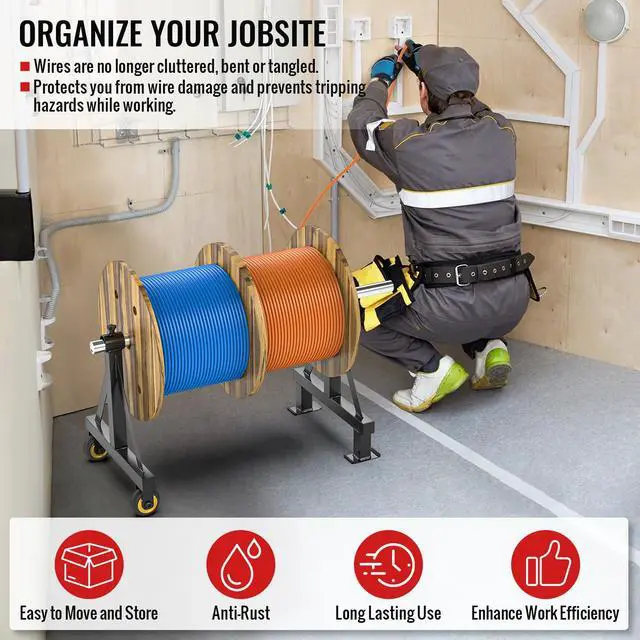 Alt view image 7 of 7 - Wire Spool Rack Portable Cable Caddy Steel Wire Spool Holder | Wire Dispenser Rack with Wheels for up to 28" Diameter Spools 220 Lbs Capacity (Black)