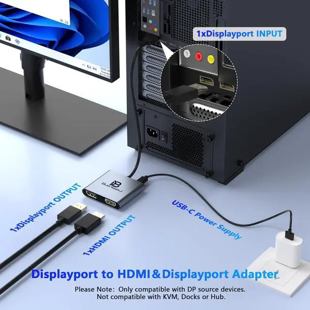Alt view image 3 of 7 - DisplayPort Splitter 1 in 2 Out, Display Port Splitter for Dual Monitors 4K@60Hz, Extended Display MST Hub for HDMI and DisplayPort Monitors, DP to DP/HDMI Adapter for Desktop/NVIDIA/AMD Graphics Card
