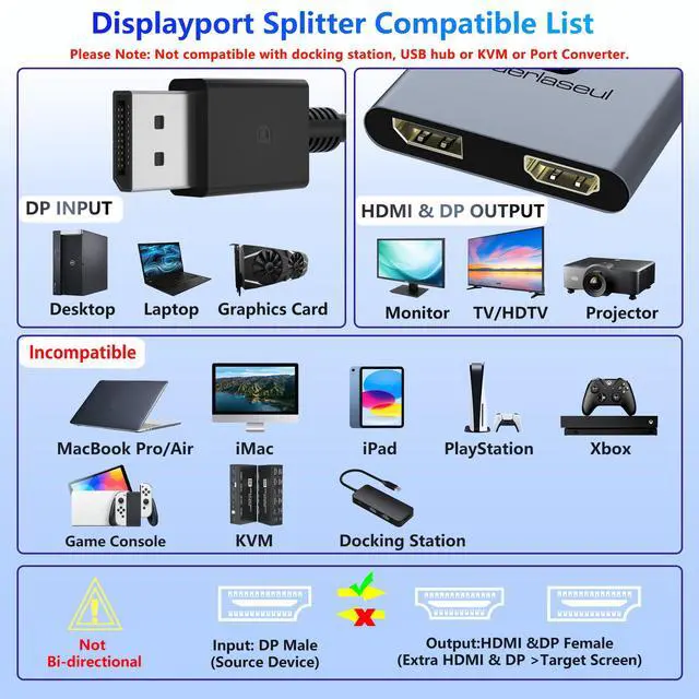 Alt view image 5 of 7 - DisplayPort Splitter 1 in 2 Out, Display Port Splitter for Dual Monitors 4K@60Hz, Extended Display MST Hub for HDMI and DisplayPort Monitors, DP to DP/HDMI Adapter for Desktop/NVIDIA/AMD Graphics Card
