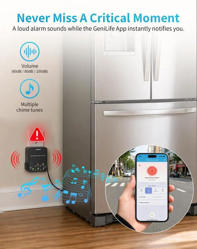 Alt view image 3 of 6 - WiFi Power Failure Alarm Freezer Power Outage Alarm with Dual Outlets, Real-Time App Notifications & 100dB Loud Alarm, Supports 2.4G/5GHz WiFi for Sump Pumps, Aquariums, Wine Cellars